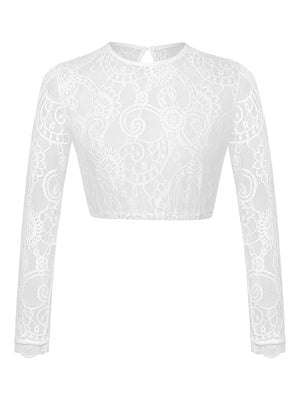 Dirndlbluse Damen Rundhals Langarm Weiß
