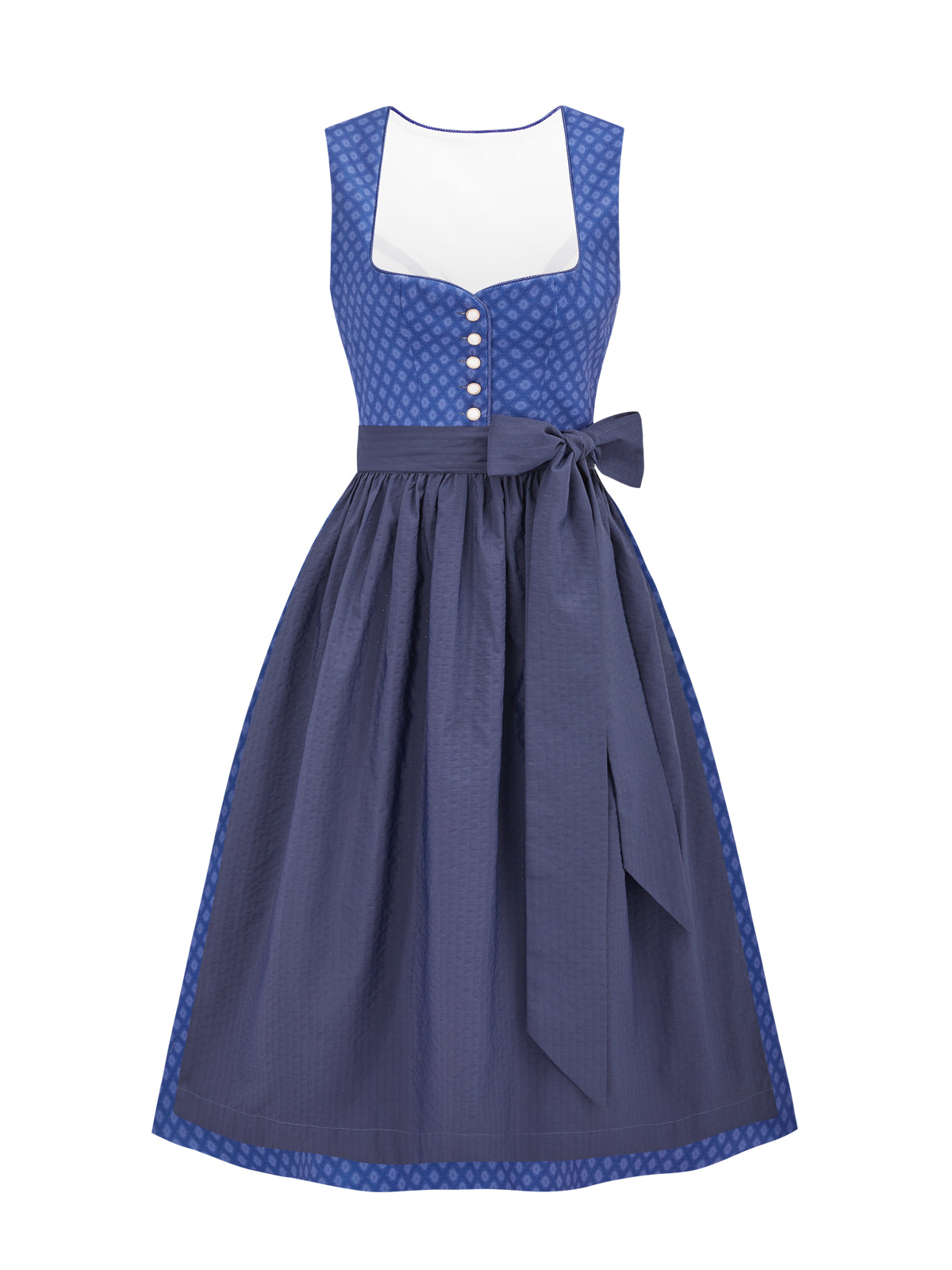 Geometrische Muster Dirndl in Blau mit Herz-Ausschnitt